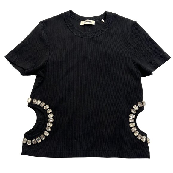 Sandro Crystal Embellished Cut-Out T-Shirt in Black - Picture 1 of 5
